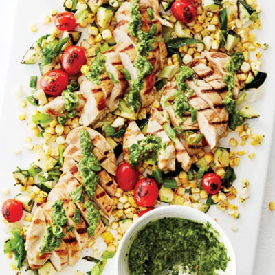 Basil Lime Chicken with Grilled Vegetables & Herb Sauce